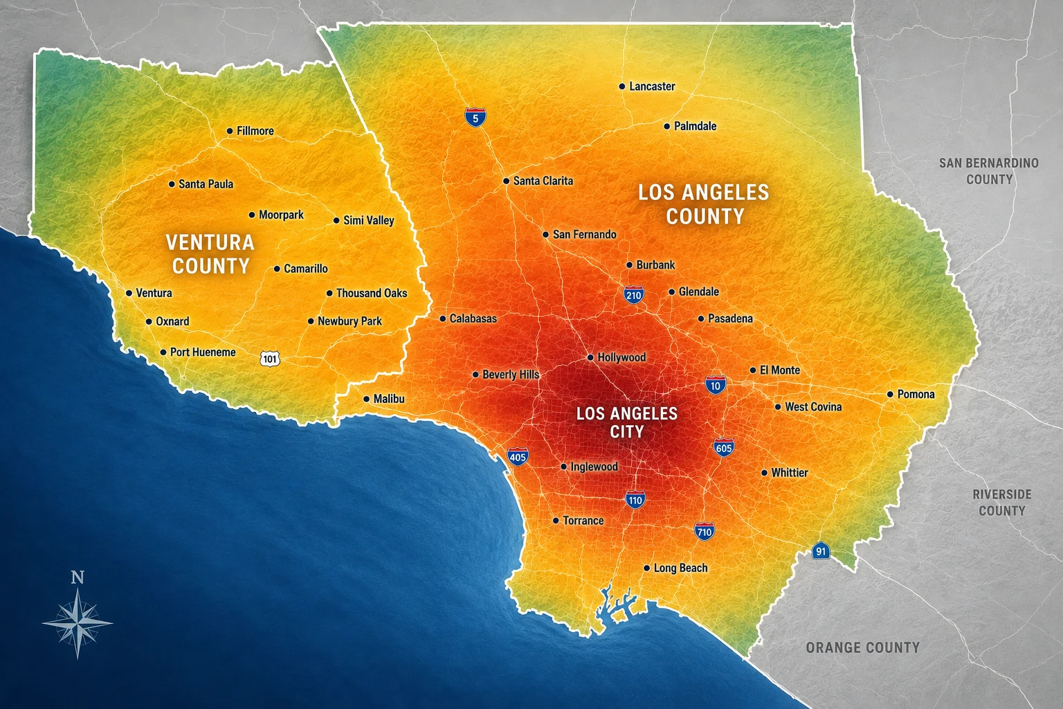 Coverage heatmap across Los Angeles County and Ventura County